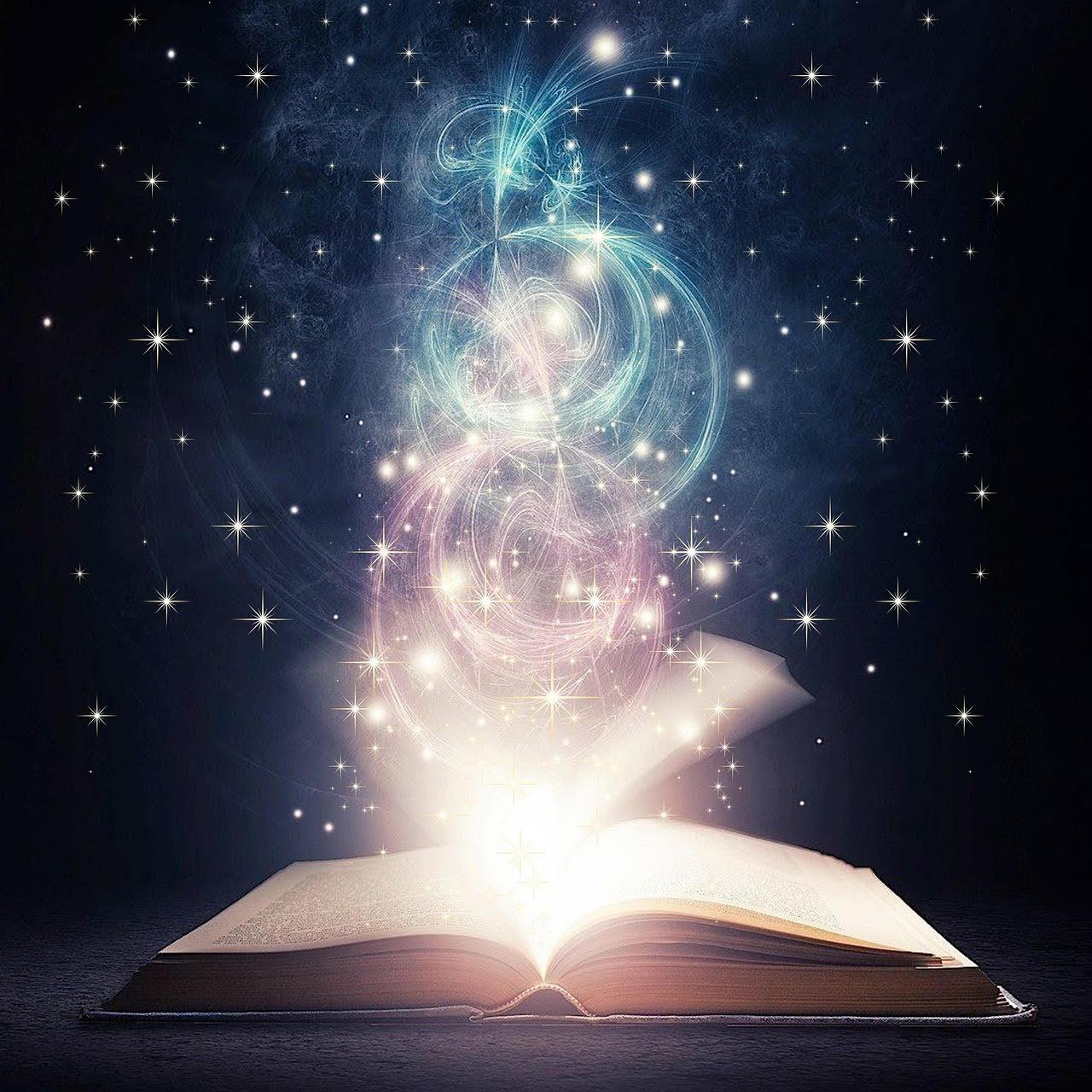 An open mystical book with swirling stars and cosmic energy rising from its pages